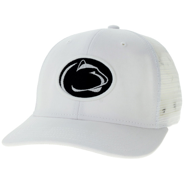 white trucker hat with embroidered Penn State Athletic Logo
